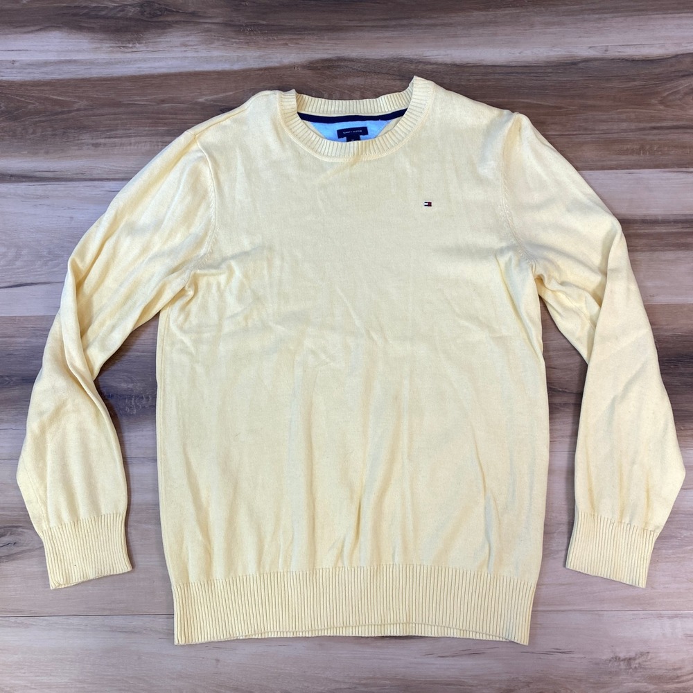Tommy Hilfiger Crewneck Sweater Mens XL Cotton Knit Pale Yellow Casual Preppy